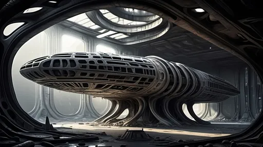 Prompt: depict the interior of an old broken down, alien space ship, that has been abandoned for years in the style of H R Giger