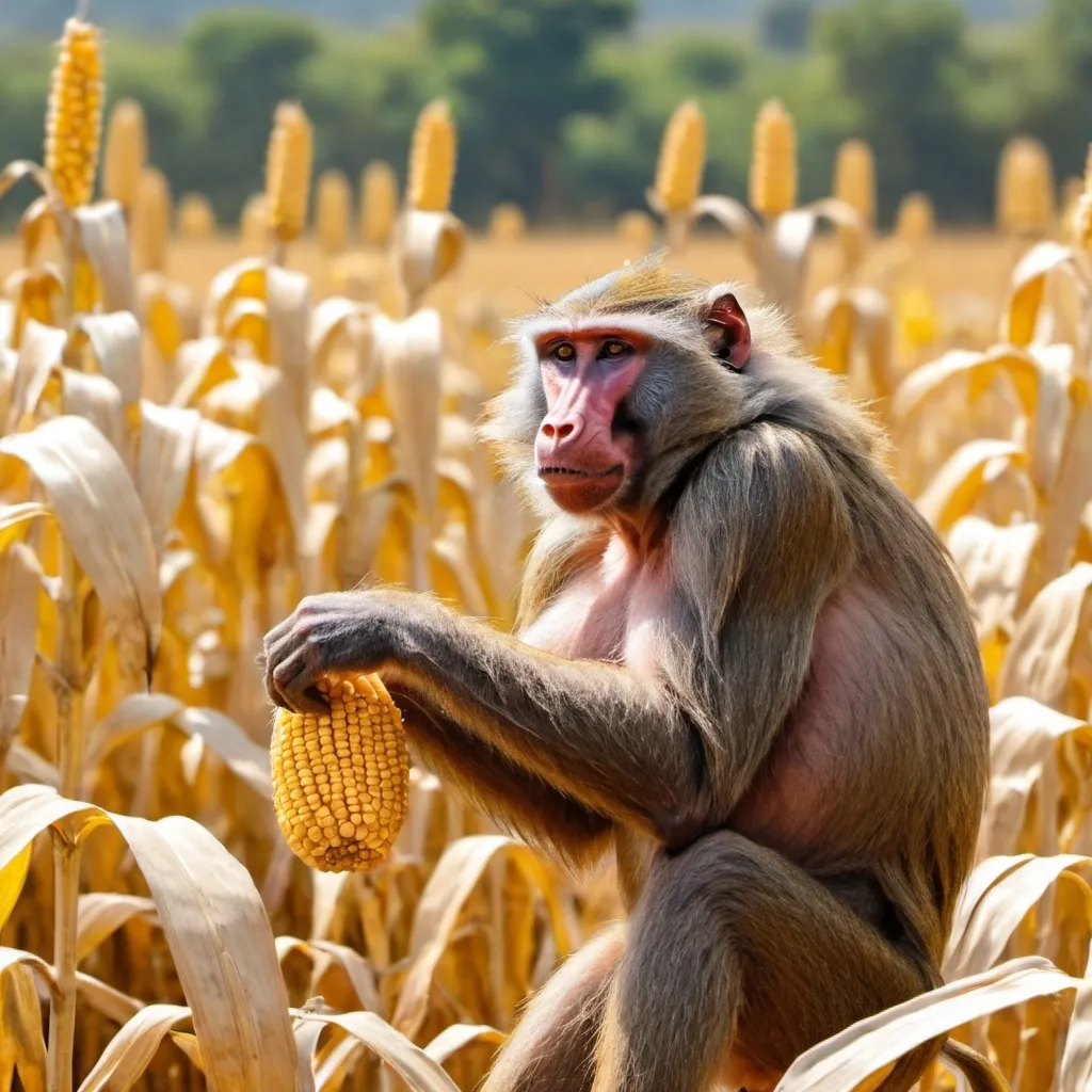 Prompt: A baboon is in the maize field feeding on maize