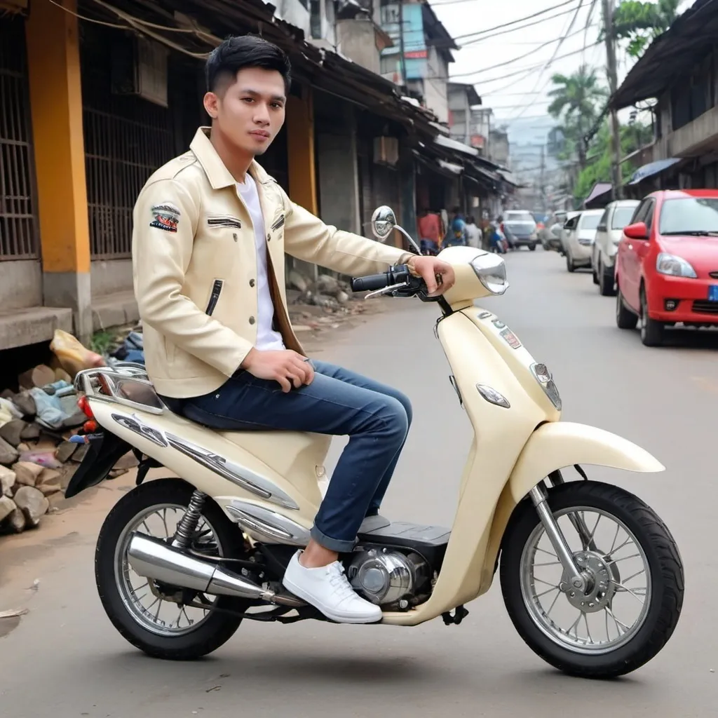 Prompt: Seorang Pria Muda menaiki motor matic kecil di jembatan panjang, rambut pendek lurus rapi arah ke kiri, memakai jaket warna cream, baju warna putih, berlatar belakang laut yang banyak kapal, 