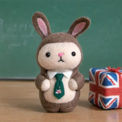 Prompt: wo toy rabbits are standing on a light brown wooden table. The rabbit on the left is wearing a brown knit cap, a brown jacket, a white shirt, a red tie, and brown shorts. He is also wearing a pair of brown boots, a green jacket, and a brown pair of glasses. His ears are sticking out from the top of his head. His eyes are black, and he has a smile on his face. His nose is pink, and his mouth is slightly open. His hands are also white. His right hand is positioned in front of him, while his left hand is resting on his hip. He has a brown coat over his chest. His coat is green, with a brown tie and brown boots. His boots are brown and he is wearing brown. In the background, a chalkboard with a British flag on it is visible. The chalkboard has a white line drawn on it.

felted figures style, rabbit, cute, UK style uniform, small eye, black eye