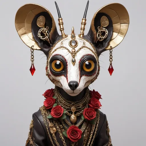 Prompt: cranky surreal creature of the 4th kind; warped long eared marsupials, over-sized eyes, elongated necks, gold irises and red pupils; smoky background, rimmed lighting, creature is wrapped in chains and cellophane; tribal white markings and leather patchwork with embroidered gems and minimal lethal vines with roses creeping around it; intricate details, detailed design, dynamic composition, digital art, highly detailed
