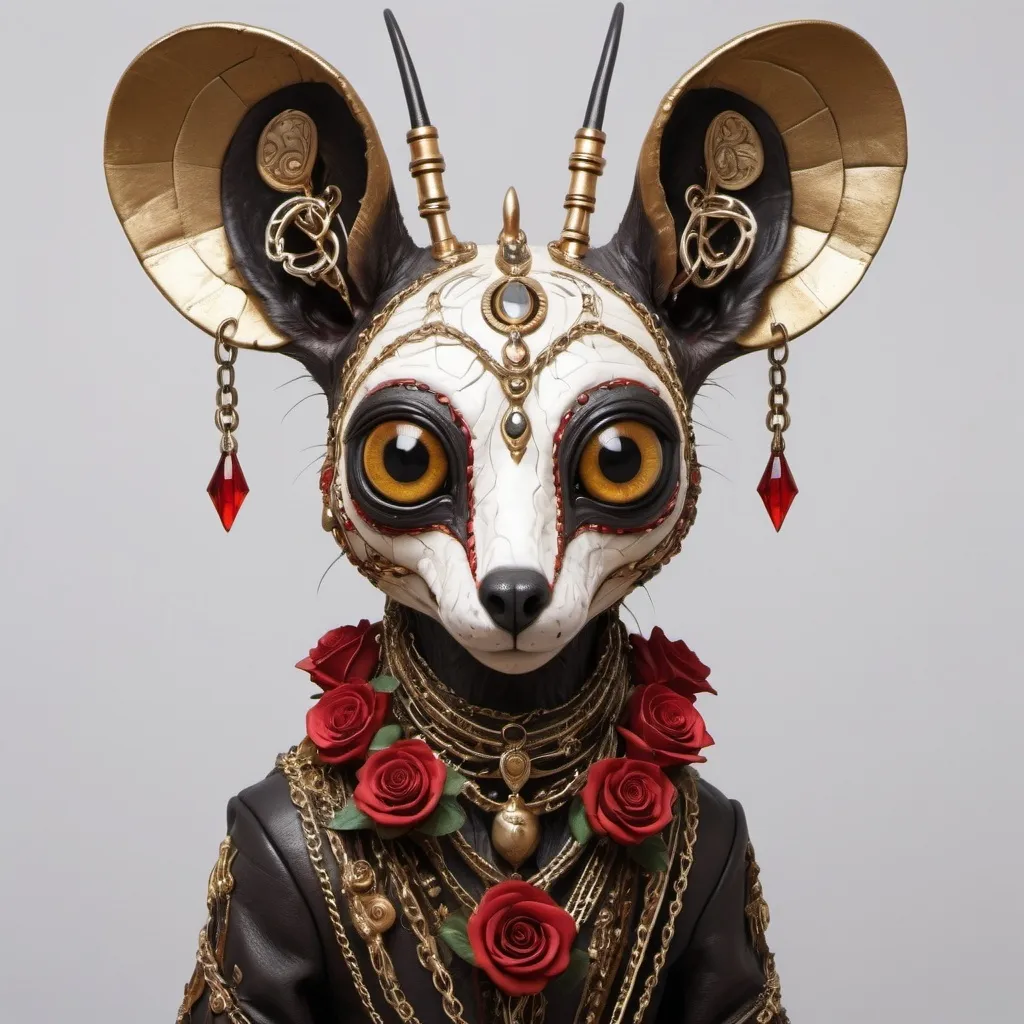 Prompt: cranky surreal creature of the 4th kind; warped long eared marsupials, over-sized eyes, elongated necks, gold irises and red pupils; smoky background, rimmed lighting, creature is wrapped in chains and cellophane; tribal white markings and leather patchwork with embroidered gems and minimal lethal vines with roses creeping around it; intricate details, detailed design, dynamic composition, digital art, highly detailed
