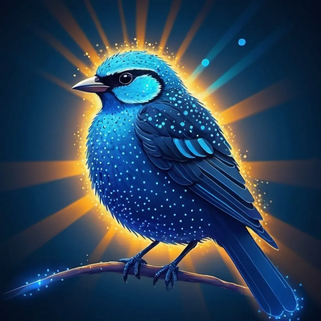 Prompt: Drawing of Bird, Color dots, glowing blue background with light rays. The image is in the style of light rays and glowing blue background, abstract composition 