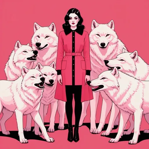 Prompt: full body portrait of a Candlelight,with a dark creature, surrounded by white wolves in the style of a crisp neopop illustration, in pink and red colors, with a 50s-60s retro print aesthetic and clean lined composition featuring minimalism against a dark pink background patterned with pale red birds 