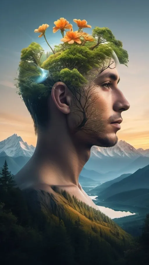 Prompt: A breathtaking Double Exposure Human-Nature artwork, where nature seamlessly intertwines with the human form. Imagine an ethereal landscape of trees, flowers, and mountains blending harmoniously with a striking sunset, all emerging from the top of a human head. The scene is a surrealistic concept art masterpiece with an expressive and creative touch. The image is highly detailed, photorealistic, and in flawless composition, showcasing intricate details in 8k sharp focus quality. The orientation is vertical, capturing the essence of this magical and ethereal vision. --s 150 --ar 2:3 --c 5