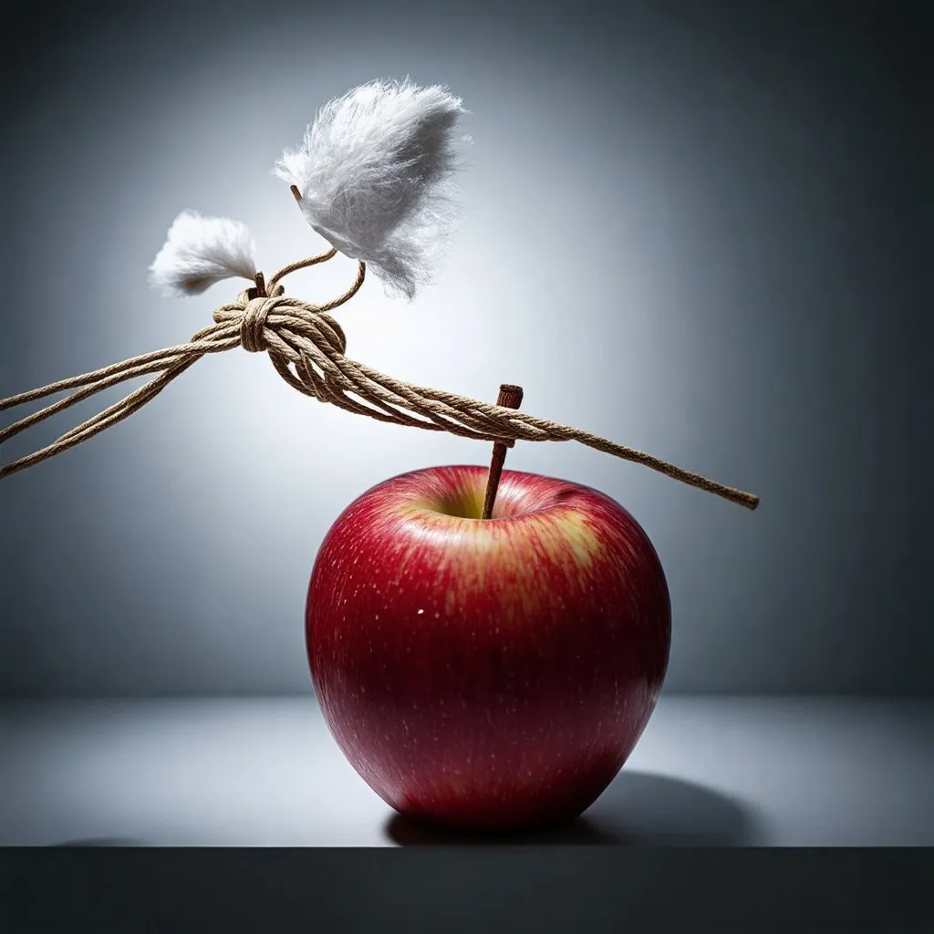 Prompt: "Ethereal Bindings" combines traditional shibari art with contemporary photographic techniques to create works that are both artistically profound and visually striking. Apple, Each photograph not only showcases the beauty and texture of the objects but also, through nuanced lighting and surreal effects, evokes contemplation and imagination in the viewer.
