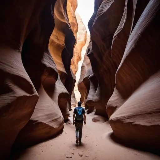 Prompt: A person walking through the slot canyon in Petra, Jordan, in the style of unsplash photography. --ar 85:128 --v 6.0 --style raw