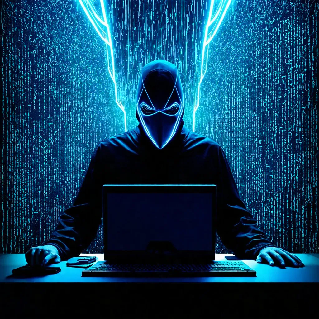 Prompt: Cybervigilante, code matrix raining down, mask with neon circuit lines, shadowy figure at a computer terminal, dynamic pose