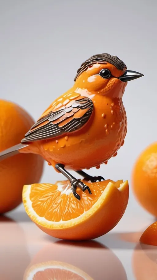 Prompt: A photo-realistic rendition of a little bird crafted from a fresh orange, showcasing intricate details of the fruit's texture and vibrant color. The scene captures the essence of a freshly cut open orange, with the bird emerging from within. The focus is on realistic representation, emphasizing the juicy, fresh qualities of the fruit. --ar 2:3 --s 400
