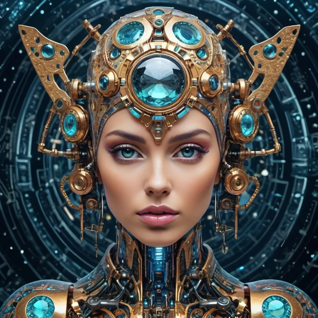 Prompt: Supermodel Gia as the perfect heliocentric femmebot mixing art styles, 21st century blockprint collage archetype of cybernetic fractalized gemstone encrusted materials textures, cinematic pov.
