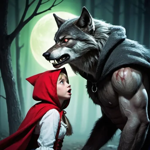 Prompt: werewolf, red riding hood, aurora, friendship, scared