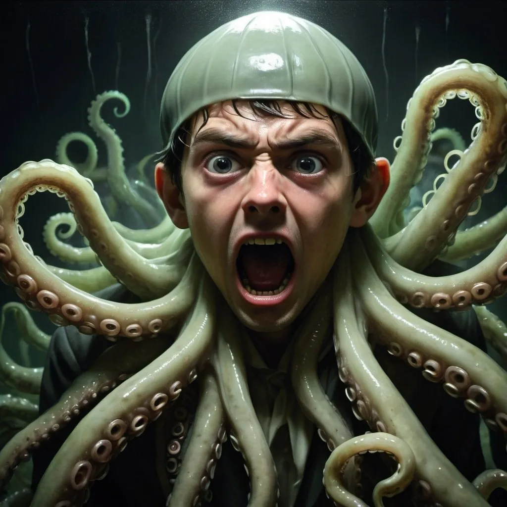 Prompt: A male figure with a fearful expression is surrounded by slimy, menacing tentacles. His face is dirt-streaked and illuminated by an eerie light, highlighting his wide, apprehensive eyes and open mouth. The tentacles appear organic and menacing, wrapping tightly around the boy. The overall scene exudes a sense of danger and suspense.