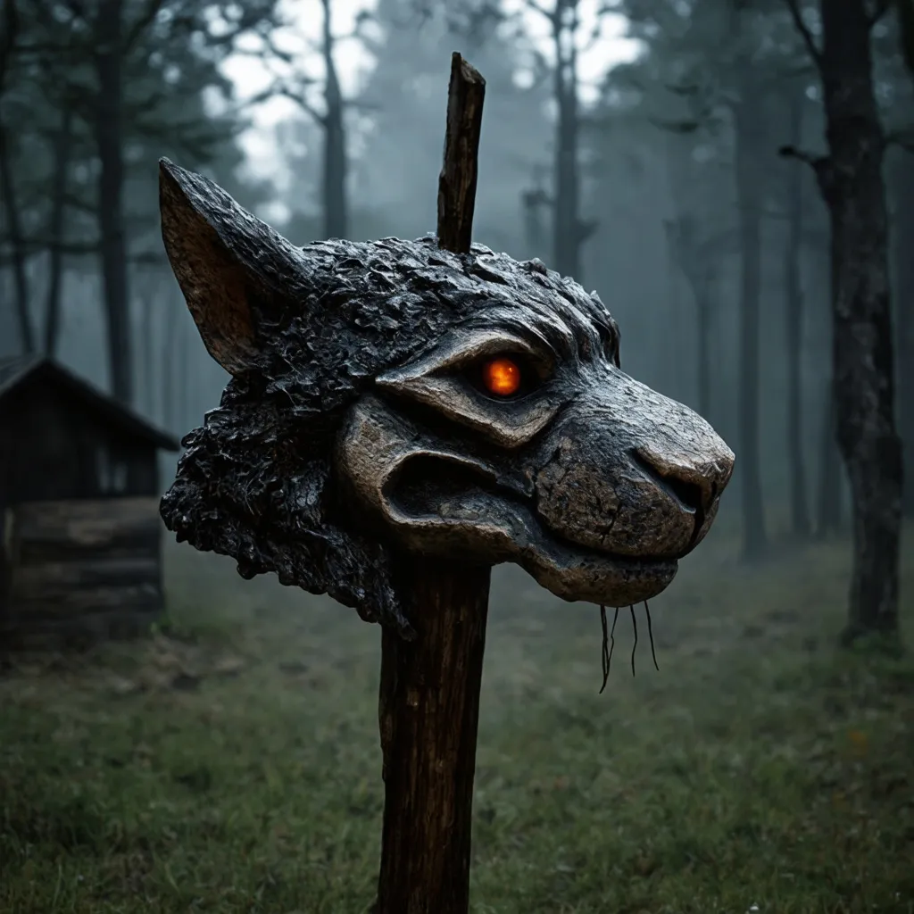 Prompt: a head totem stake in silent hill, wild animal sniffing