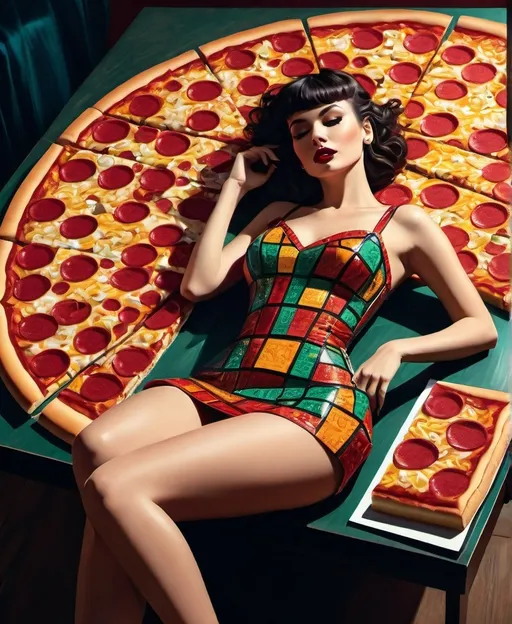 Prompt: A whimsical scene inspired by Pop Art, featuring a joyful woman reclining on a table wearing a dress made entirely of pizza slices. The artwork should be rich in deep colors, intricate detailing, and vibrant hues to create a masterpiece with an epic and cinematic feel. The image should be ultra-high quality, with improved eye details and sharp focus, presented in a vertical orientation at a 4K resolution, reminiscent of the style of Blade Runner. --s 150 --ar 9:16 --c 5