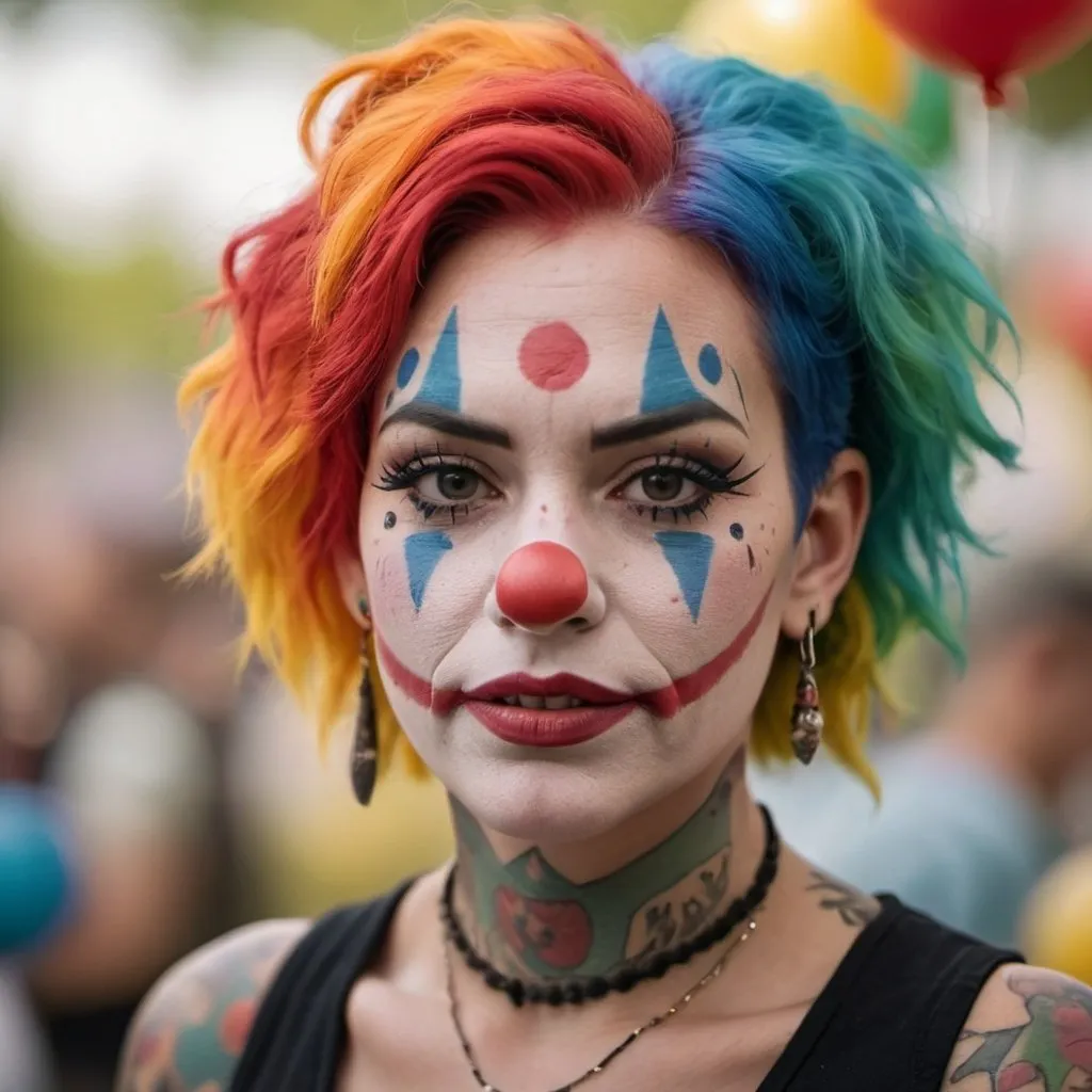 Prompt: clown women with colorful hair and facial tattoos, depth of field, bokeh, f2.8 lens, shot by Sony A7s3 --ar 128:85 --v 6.0 --style raw