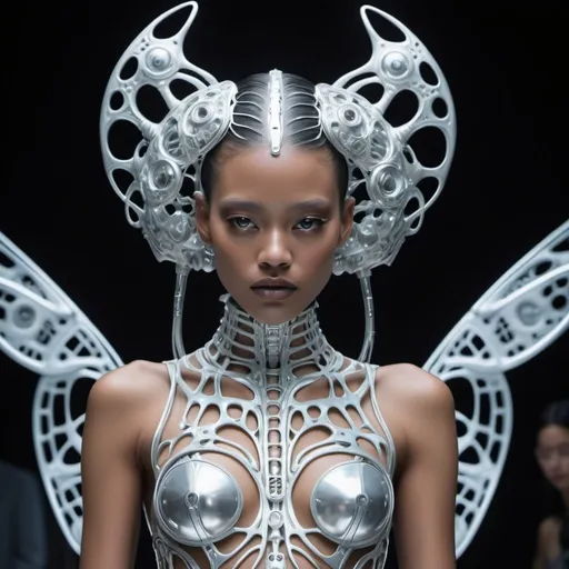 Prompt: An extraterrestrial being undergoing a stunning metamorphosis on a neon-lit runway, styled by Alexander McQueen and inspired by the works of H.R. Giger, blending organic forms with mechanical elements, intricate silver exoskeleton, luminescent bioluminescent markings, otherworldly beauty, futuristic couture, captured in ultra-realistic detail in 8k resolution, avant-garde fashion editorial --s 150 --ar 1:1 --c 70