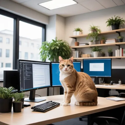 Prompt: 
Sure! Here's a photo description for DALL-E:

[Image Description]

The scene opens to a sleek, modern office space illuminated by natural light filtering through large windows. In the foreground, a Senior Data Engineer is captured in deep focus, seated at a workstation adorned with dual monitors and a clutter-free desk. Their posture exudes confidence and focus as they meticulously analyze data pipelines on the screen before them.

A subtle air of determination surrounds the engineer, evident in their poised expression and the subtle furrow of their brow. Yet, there's also an unmistakable sense of tranquility, perhaps stemming from their mastery of the intricate web of code and algorithms that populate the digital landscape.

In the background, shelves lined with technical manuals and plush greenery lend a harmonious balance to the scene, symbolizing the fusion of innovation and sustainability inherent in Addressable's ethos.

Adding a touch of whimsy to the otherwise serious ambiance, a playful feline companion lounges atop the workstation, its curious gaze fixated on the engineer's every move. The cat's presence not only humanizes the setting but also serves as a reminder of the team's affinity for fostering a supportive and inclusive work environment.

Overall, the image encapsulates the essence of Addressable's Senior Data Engineer role - a harmonious blend of expertise, innovation, and camaraderie against the backdrop of a dynamic and forward-thinking workspace.