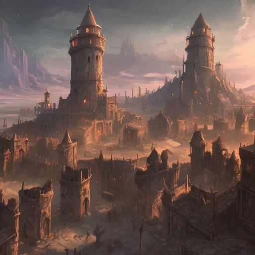 Prompt: fantasy, concept art, sprawling town overlooking salt flats, ruined tower