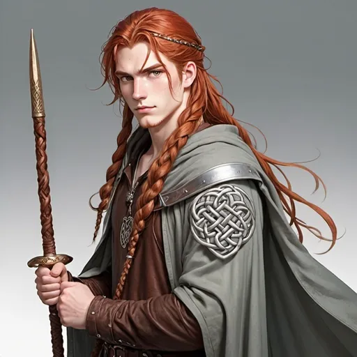 Prompt: (22 year old feminine celtic man), long braided red hair over his shoulder, studded leather brown outfit, light grey cloak, (silver eyes), holding a quarterstaff. gullible and happy. anime