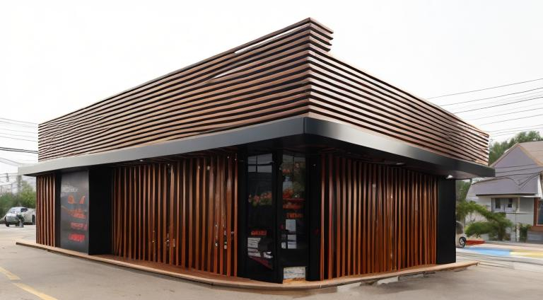 Prompt: Beauty salon front facade with panels wave wood