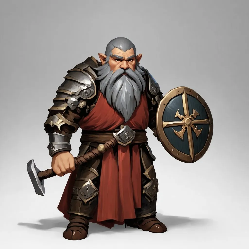 Prompt: Hill dwarf cleric acolyte with a long, thick gray beard and deep dark eyes. He wears well-maintained armor. He have a hammer and a shield with his war god's symbol engraved. 