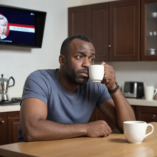 Prompt: same old depressed black man sitting in his kitchen table drinking coffee tv on background with news channel on