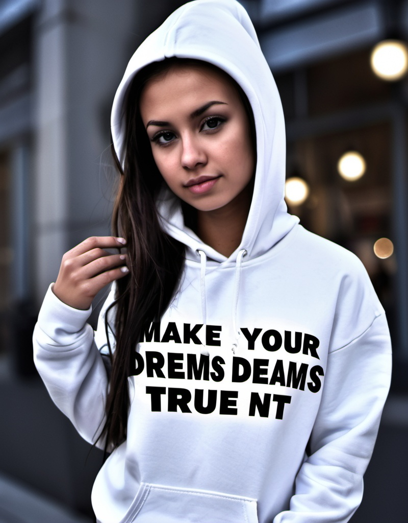 Prompt: A hoodie saying Make your dreams true with cool fonts on the back it says clothing express.net@gmail.com with a moon and that with cool fonts