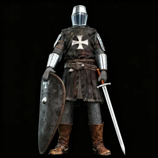 Prompt: This is a highly detailed CGI rendering of a medieval knight in full armor, standing against a solid black background. The knight is clad in a metallic, silver-colored helmet with a transparent visor, covering the face entirely. The knight's chest plate is a dark, weathered leather tunic adorned with a prominent white cross in the center. The tunic is secured with a brown leather belt, which has a metallic buckle. The knight's arms are encased in silver, chainmail-covered gauntlets, and the left gauntlet features a brown leather cuff.

In the knight's right hand, he holds a large, round, metallic shield that is also darkened with age. The shield bears a white cross similar to the one on the tunic, and it has a large, circular metal rivet in the center. The knight's legs are covered in intricately woven chainmail, and he wears brown leather boots that are slightly worn.

A sword with a silver blade and a brown hilt is sheathed at the knight's right side, protruding from his belt. The knight stands in a confident, upright posture, with his left hand resting on the shield. The image emphasizes the textures and wear of the armor, giving it a realistic, battle-worn appearance.