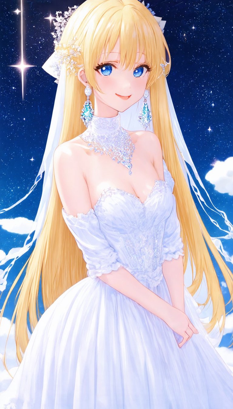 Prompt: Long blond hair, anime style, female, white dress, glittering and translucent jewelry accessories, eyes shining like stars, hair hanging down supplely, exquisite earrings, smile, veil dotted with stars, starry sky background and dreams