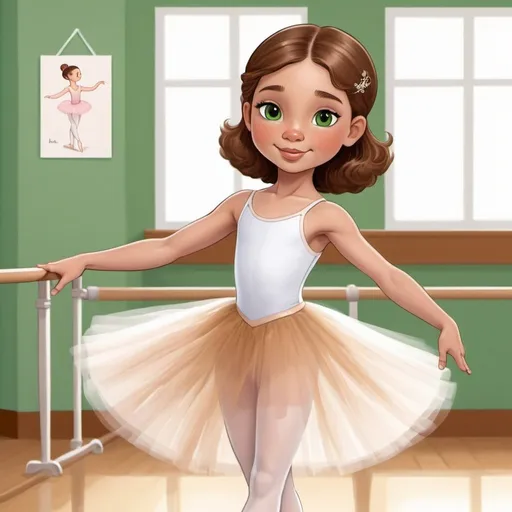 Prompt: NENE IS A BEAUTIFUL 6 YEAR OLD, WHITE SKIN, WHITE SKIN , HONEY  BROWN COLOR HAIR, GREEN EYES, SKINNY BALLET DANCER. CARTOON FOR A CHILDRENS BOOK
SHE IS INSIDE A BALLET CLASS