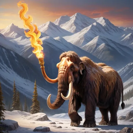 Prompt: Create an image of a wooly mammoth holding the Olympic torch through the mountains