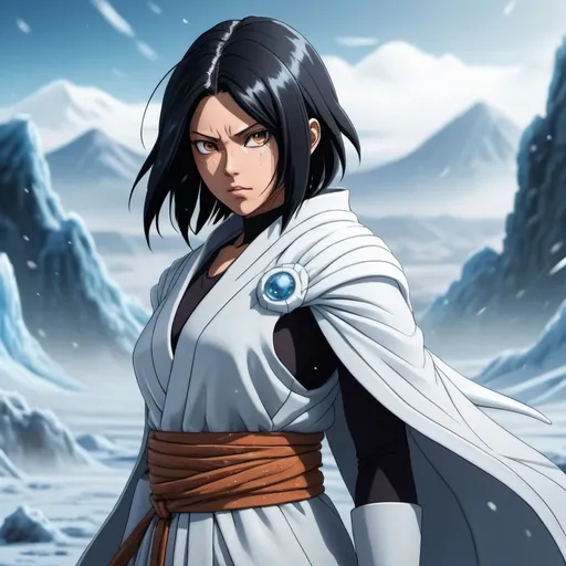 Prompt: A female with black hair and brown eyes, outfit inspired by (Rukia Kuchiki from Bleach 1000 Year Blood War) with (heavy layers), wielding (powers of ice), cool tones, serene and powerful atmosphere, icy particles and frost details, ((Dragon Ball Z animation style)), intricate character design, detailed background of a frosty landscape,  4K.