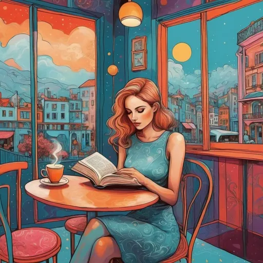 Prompt: A trans woman reading a book in a cafe. Comic art, mystical atmosphere