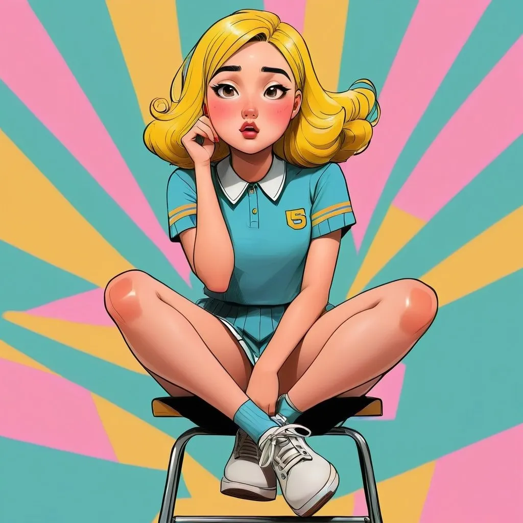 Prompt: A high school girl is sitting on a chair and giving aegyo poses towards us.
Exagerrated facial gestures, coloured comic art, simple background