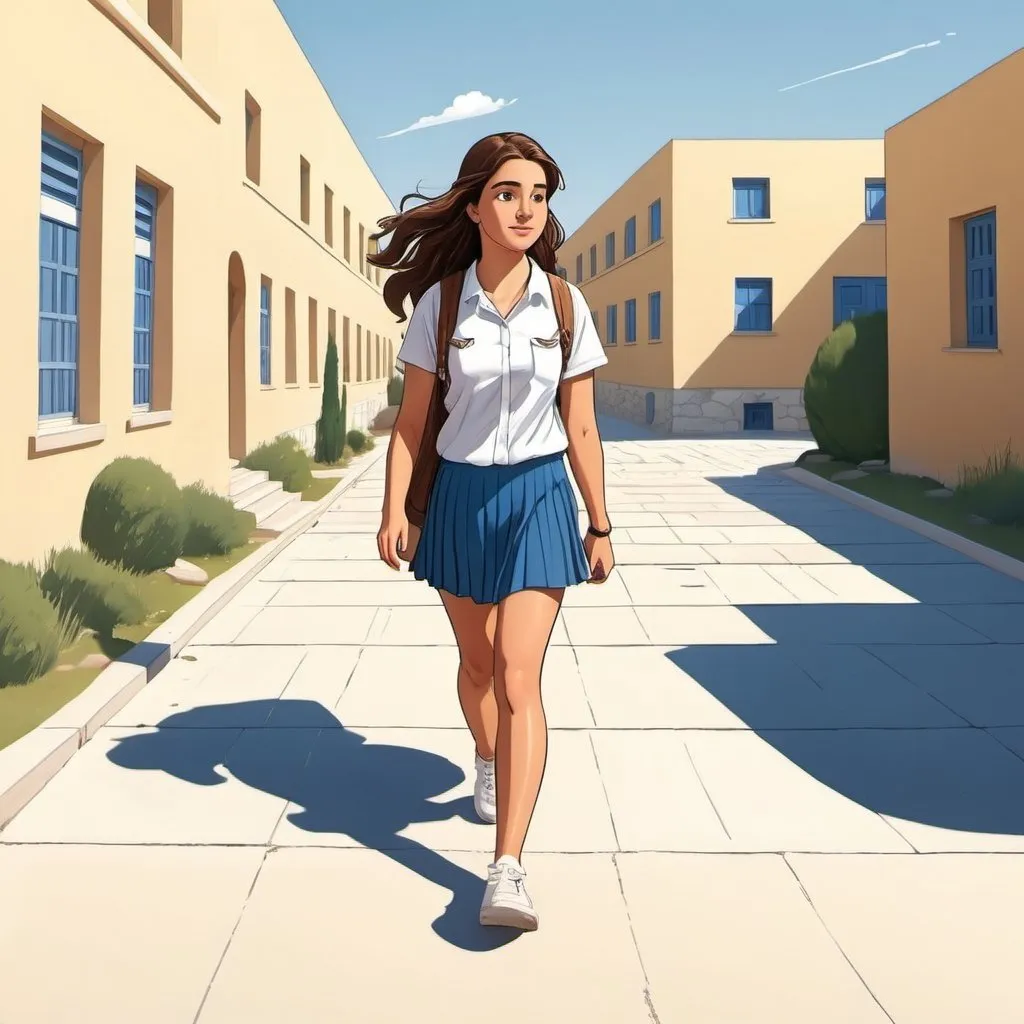 Prompt: A Greek student walking way through her highschool.
cartoon