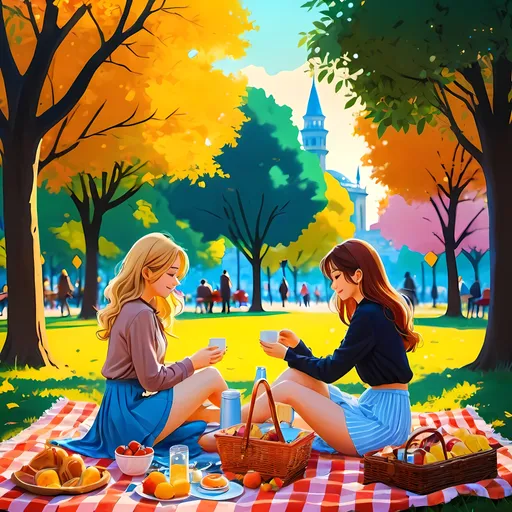 Prompt: Two young female having a picnic in a park. Stunning, beautifull, romantic, very crowded area, warm colours, anime-style, afternoon, Istanbul