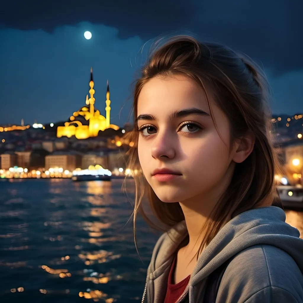 Prompt: a 16 years-old girl looking towards us without any emotion. istanbul bosporus, Detailed background, cold atmosphere, night, stunning, concept art