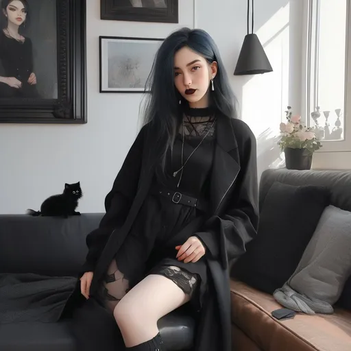 Prompt: Cute goth young woman, semi-realistic art, modern outfit, in an apartment room

