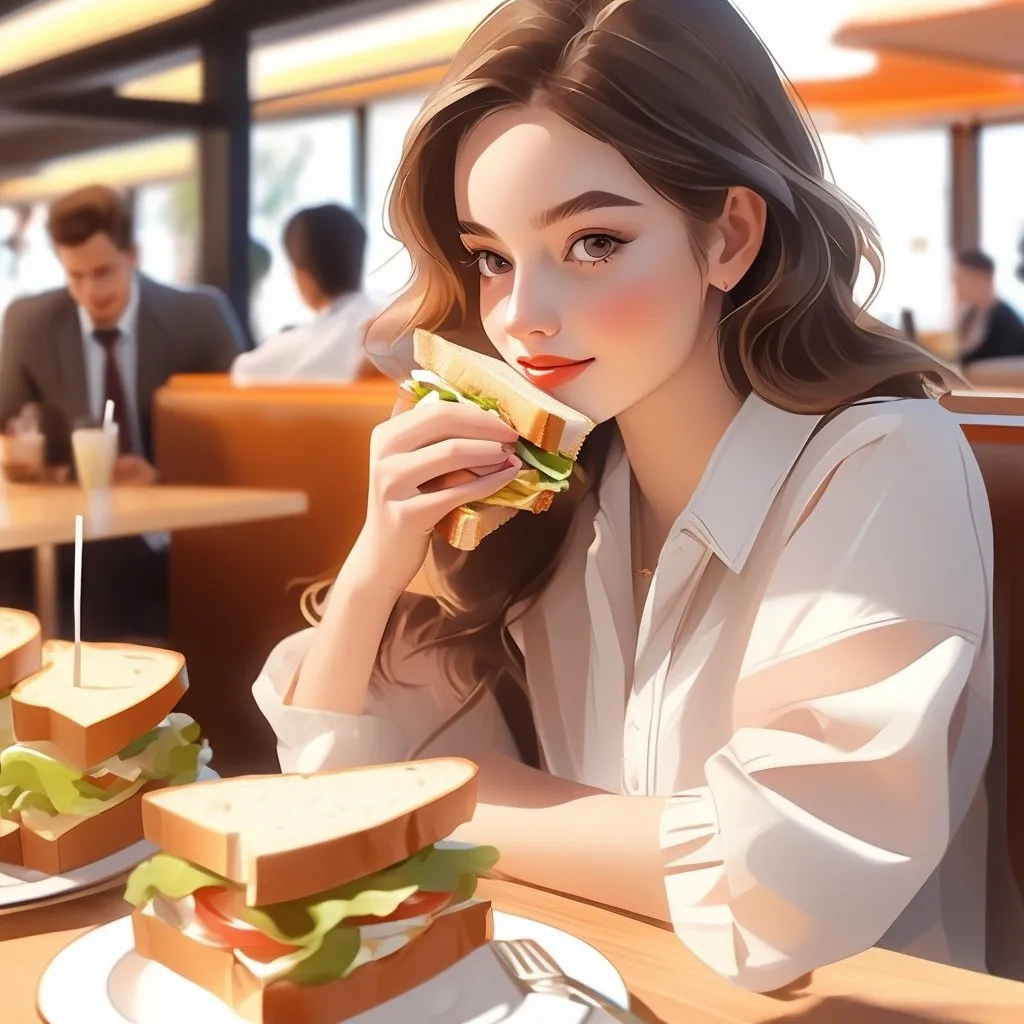 Prompt: A cute young woman, having a sandwich in a restraunt. realistic hands