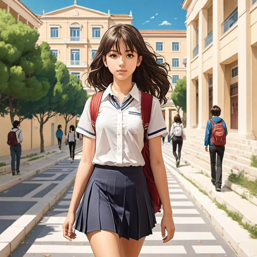 Prompt: A student in Athens, walking her way through her highschool.
manga style