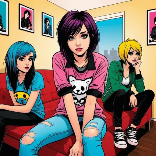 Prompt: Cute emo young woman, in an apartment room, sitting with her non-emo friends.
comic style, pop-art, high quality art, modern outfit,
