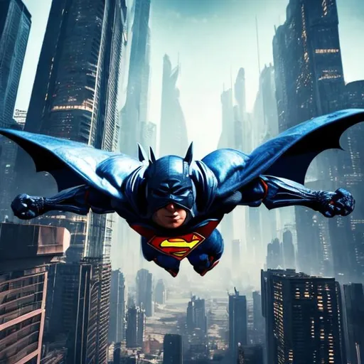 Prompt: Batbug like Superman in flight over skyscrapers in a cyberpunk city beautiful view realistic view