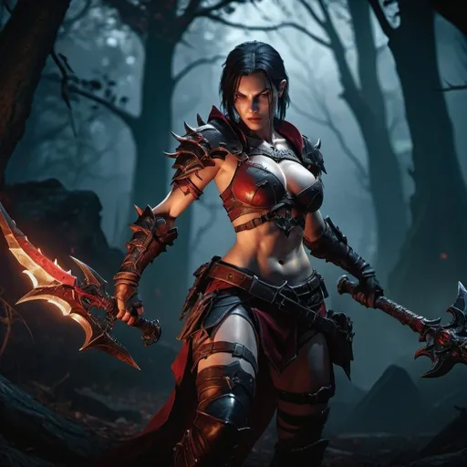 Prompt: (lilith from Diablo 4), (rogue character), intense combat scene, dynamic action pose, dramatic lighting, deep shadows, moody atmosphere, epic fantasy setting, richly detailed armor, sharp weapons, dark, enchanted forest background, high contrast colors, ultradetailed, visceral expression, tension-filled moment, visually captivating.