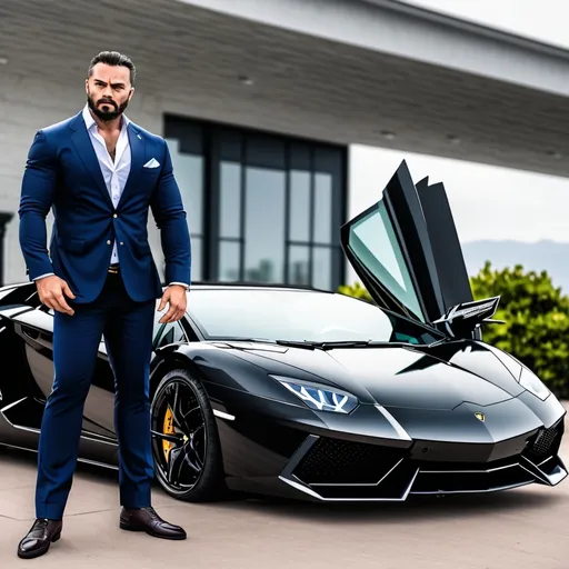 Prompt: powerful man and lambo