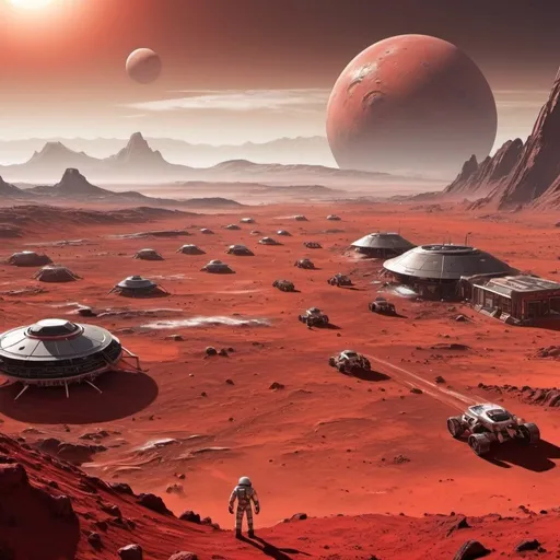 Prompt: Red Martian landscape, overlooking a large number of human settlements. Spaceships going in and out of the planet. Rovers roam around and small transports go in and around the settlements. Dusty and dissolute environment. Mountains and craters in distant areas. 