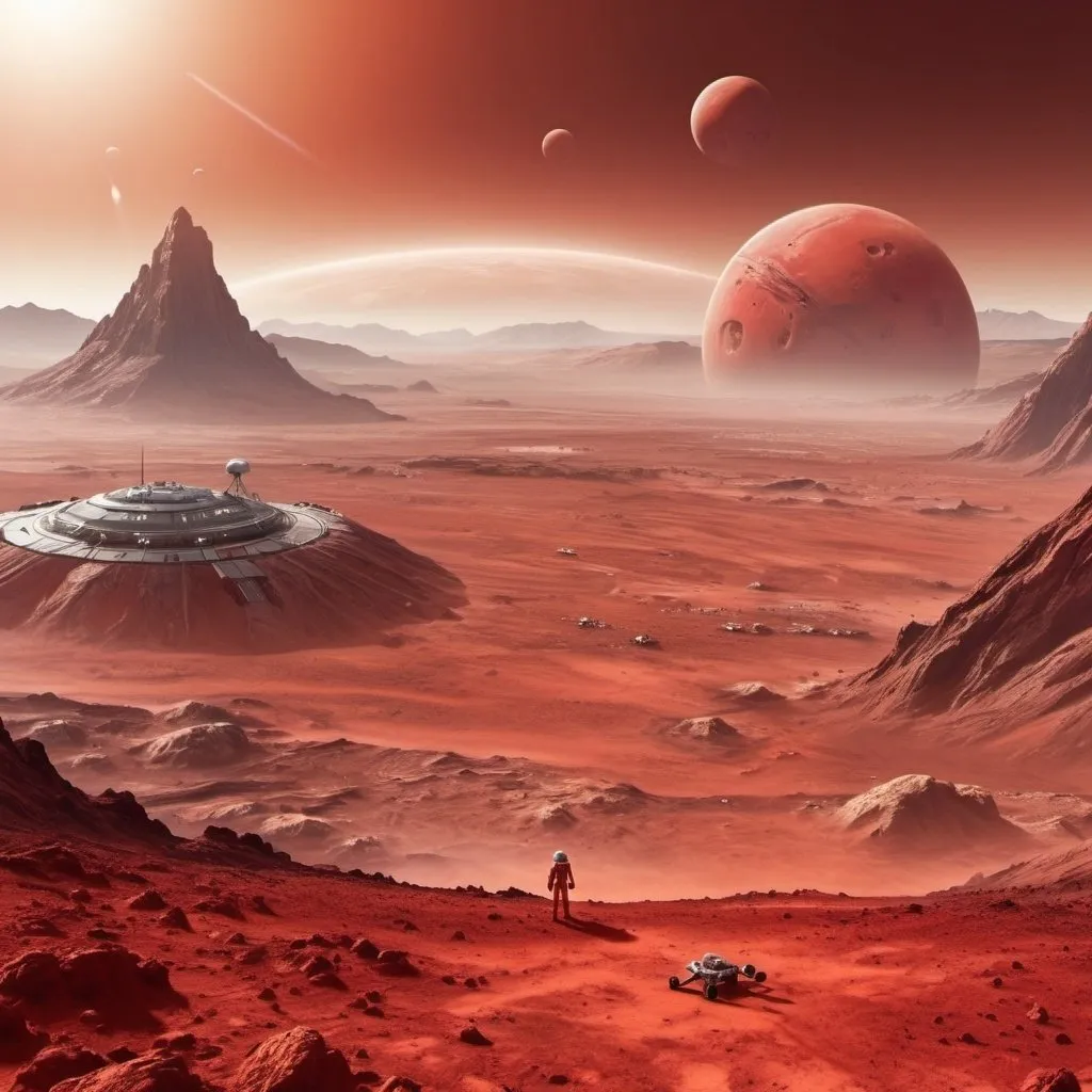 Prompt: Red Martian landscape, overlooking large human settlement. Spacecraft going in and out of the planet. Dusty and dissolute environment. Mountains and craters in distant areas. 