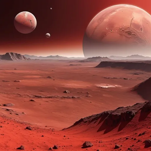 Prompt: Red Martian landscape, overlooking Earth and its small moon over the horizon. Dusty and dissolute environment. Mountains and craters at the distant areas.