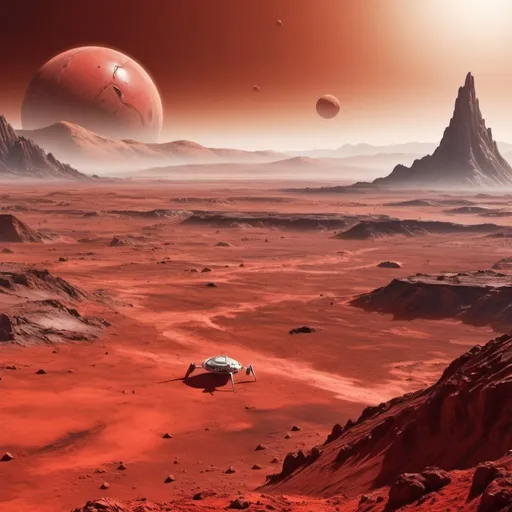 Prompt: Red Martian landscape, overlooking large human settlement. Spacecraft going in and out of the planet. Dusty and dissolute environment. Mountains and craters in distant areas. 