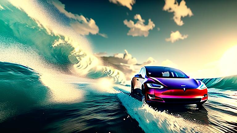 Prompt: create an LIKE LIKE REALISTIC PORTRAIT of a tesla CAR RIDING A HUGE OCEAN WAVE WITH, IN A TUNNEL WAVE IN THE OCEAN RIDING ON WATER. ADD ALIEN SPECTATORS WATCHING, MAKE IT 20 OR MORE SPECTATORS STANDING ON THE WHITE SAND BEACH, MAKE THE SKY FRIGHTENTLY DARKENED BUT SUN SHINING OVERLY BRIGHT