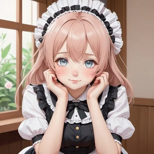 Prompt: Anime illustration of a shy maid girl, revealing outfit, blushing face, detailed eyes, cute and innocent expression, soft and pastel color tones, anime, maid outfit, shy, blushing, detailed eyes, cute, innocent, soft colors, pastel, anime style